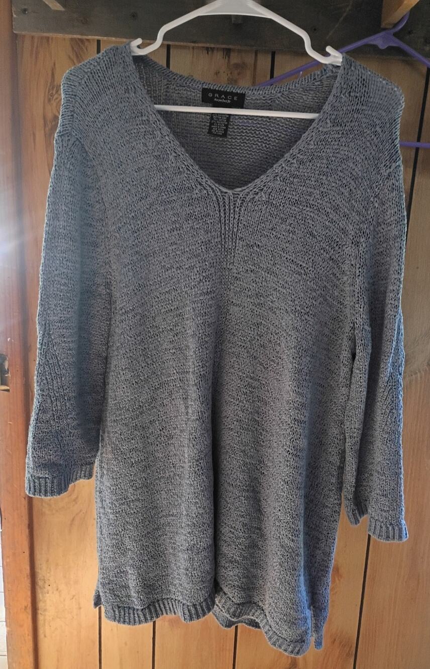 Slate Blue Gray Longline Tunic Sweater XL V Neck 3/4 Sleeve Oversized Boho